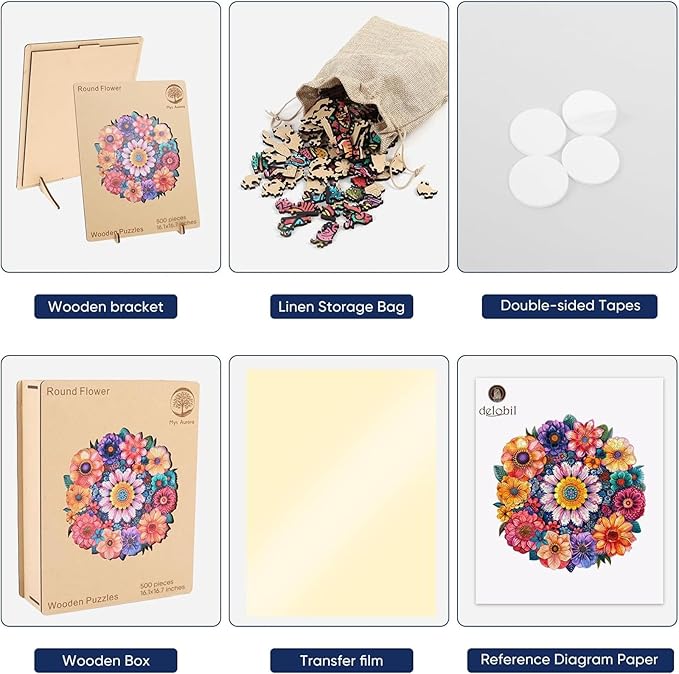 Mys Aurora Puzzles for Adults Round Flower Wooden Puzzles, 500 Pieces Unique Shaped Liberty Jigsaw Puzzles, Birthday for Adults and Kids, Fun Challenge Family Game 16.1'' x 16.7''