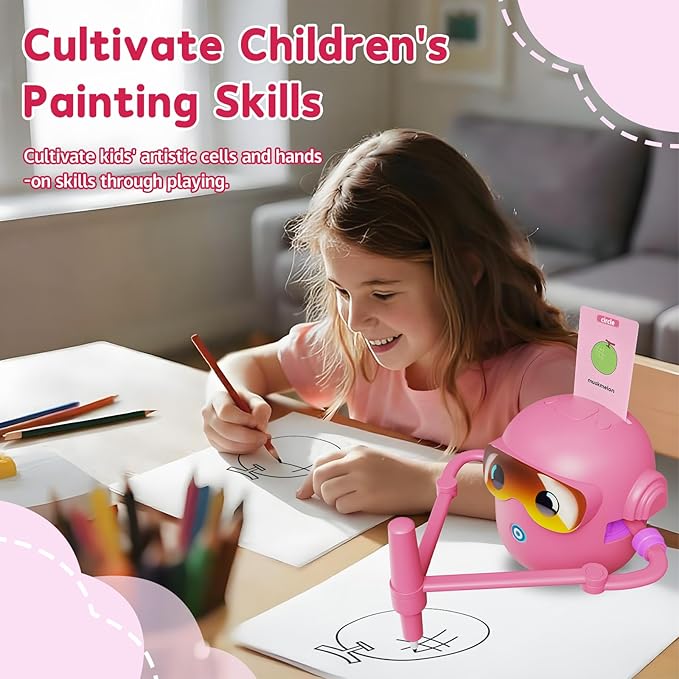 Drawing Robot for Kids, with 100 Word Cards, 12 Color Pens, Voice Interactive Educational Drawing Machine, Montessori Painting Learning Toys for 3 4 5 6 7 8 Year Old Boys Girls Birthday Party (Pink)