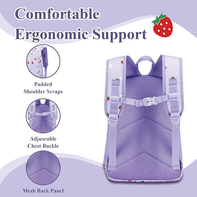 LEDAOU Kids School Backpack with Lunch Box for Girls Boys Kindergarten BookBag School Bag Preschool Toddler Backpack(Purple Strawberry)