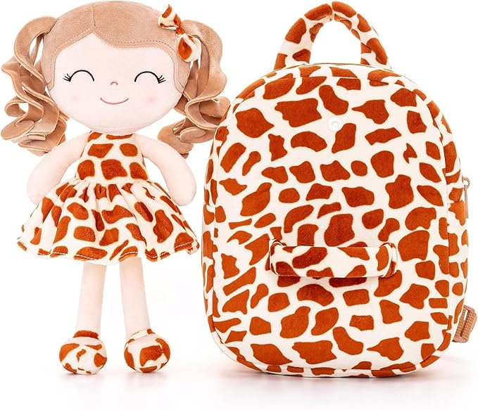 Gloveleya Toddler Backpack Baby Girl Gifts Curly Hair Plush Figures Dress Backpack Kids Backpack Curly Animal - Giraffe 9inches