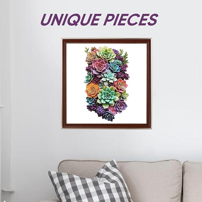 Wooden Jigsaw Puzzle, 500 Pcs Unique 3D Shape Jigsaw Puzzles, Wood Puzzle Gift Box Packing, Medium Size Letter, Creative Gift for Adults and Kids, Fun Challenging (EA2Succulent, 500PCS)