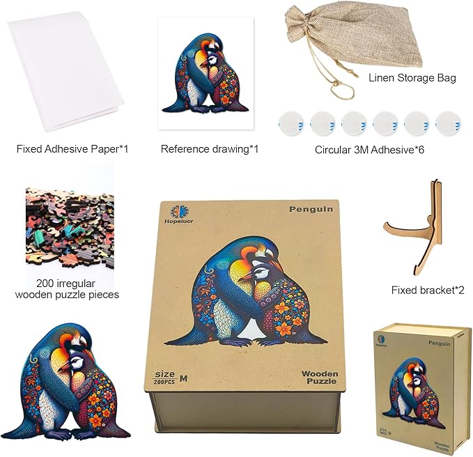 Wooden Puzzles for Adults Penguin Family Puzzle - Laser-Cut Unique Shaped Stress Relief Jigsaw Puzzle, Wall Art Home Decor Gift for Family (11.2"×10.2" 200pcs)