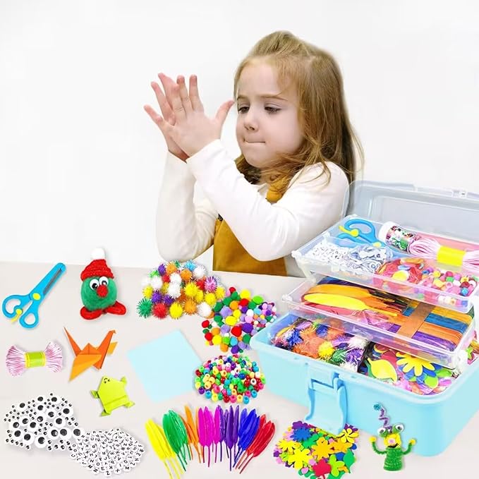 VLUSSO 3000Pcs Arts and Crafts Supplies for Kids Girls 8-12 Craft Kit with Pipe Cleaners Beads Crafts for Kids DIY School Supplies Set Crafting Box for Girls Boys Age 4-6, 6-8, 8-12 Years Gifts