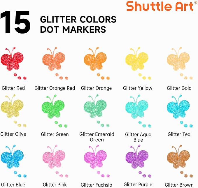 Shuttle Art Shimmer Dot Markers, 15 Glitter Colors Washable Markers for Toddlers,Bingo Daubers Supplies Kids Preschool Children, Non Toxic Water-Based
