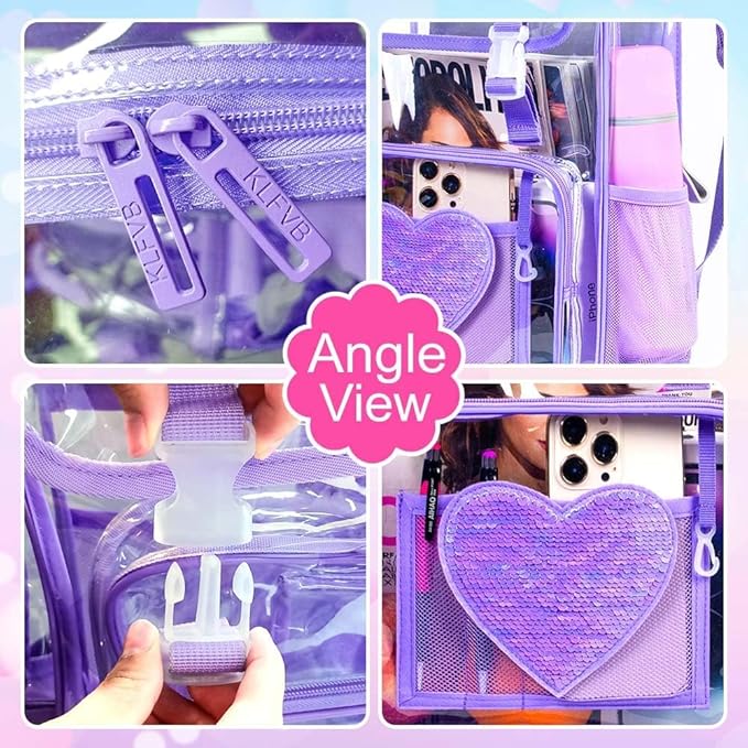 17" Sequin Clear Backpack for Girls - 3Pcs Sparkle Flip Design Stadium Approved Set, Waterproof Campus/School Transparent Bookbag (Purple)