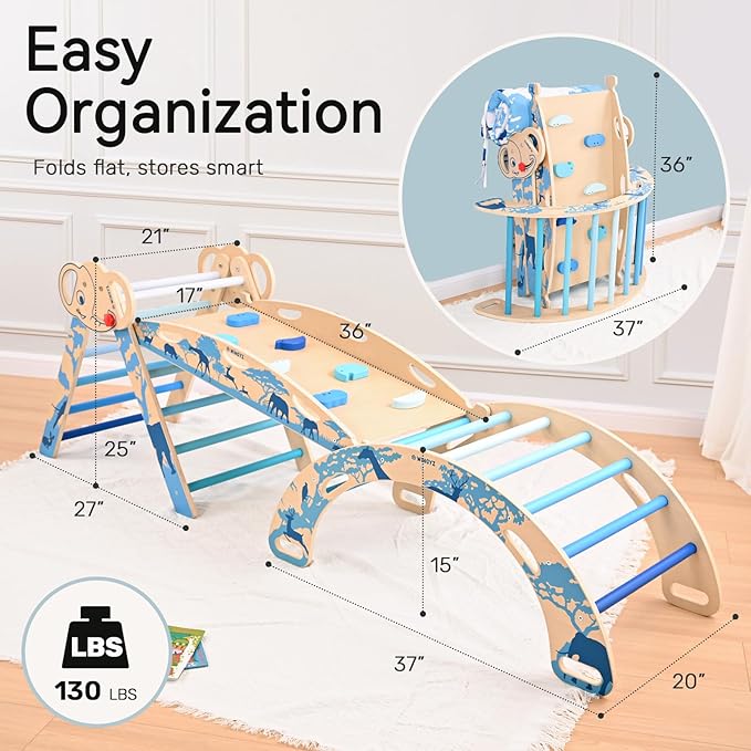 wingyz 8-in-1 Pikler Triangle Set-Wooden Baby Climbing Toys with Cushion,Arch, Ramp & Ladder | Montessori Toddler Climber Indoor Jungle Gym for Kids (Blue)