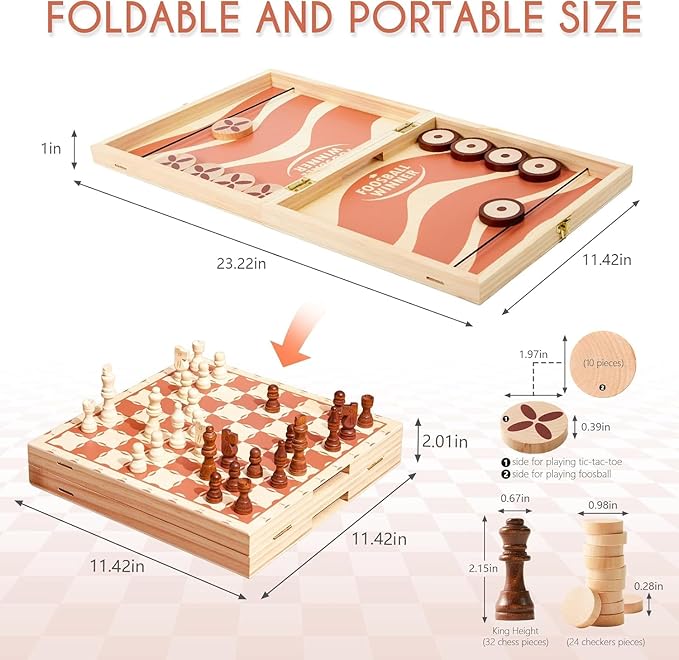 RM ROOMERS 4 in 1 Large Wooden Fast Sling Puck Games Set for Adults,Chess, Checkers,Tic Tac Toe,Portable Folding Travel Tabletop Board Game Sets,Interactive Families Game Night Toy Slingshot