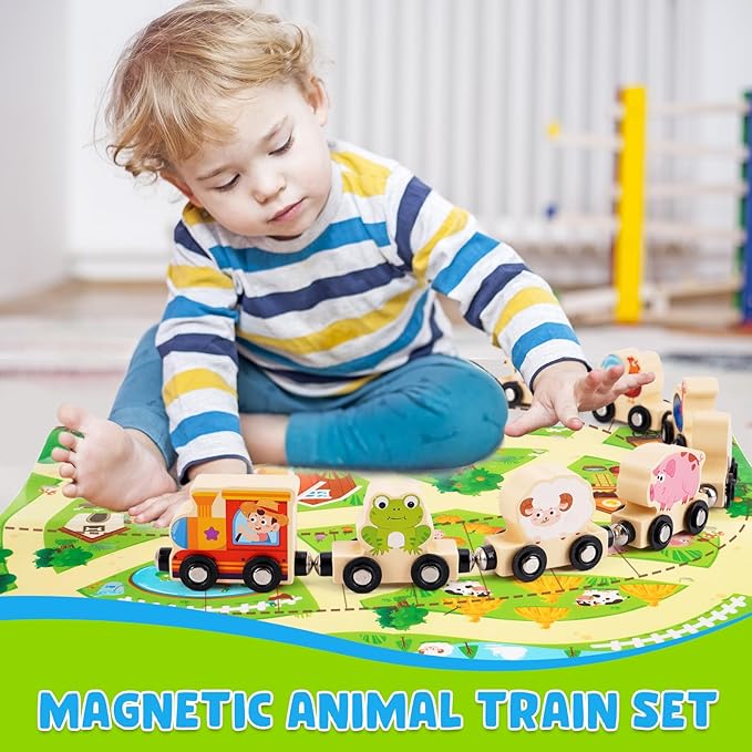 Montessori Wooden Train Toy for 1 2 3 Years Old Toddlers | 12 Magnetic Animals Train Kids Box, STEM Educational Toy with Game Map | 1st 2nd Birthday for Boys Girls