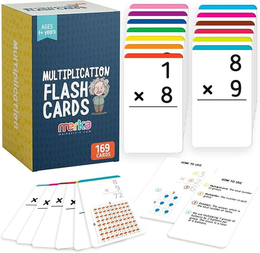 Merka 3rd Grade Multiplication Flash Cards, Multiplication Table for Kids, Math Facts, Fractions Manipulatives - Set of 169 Math Flash Cards