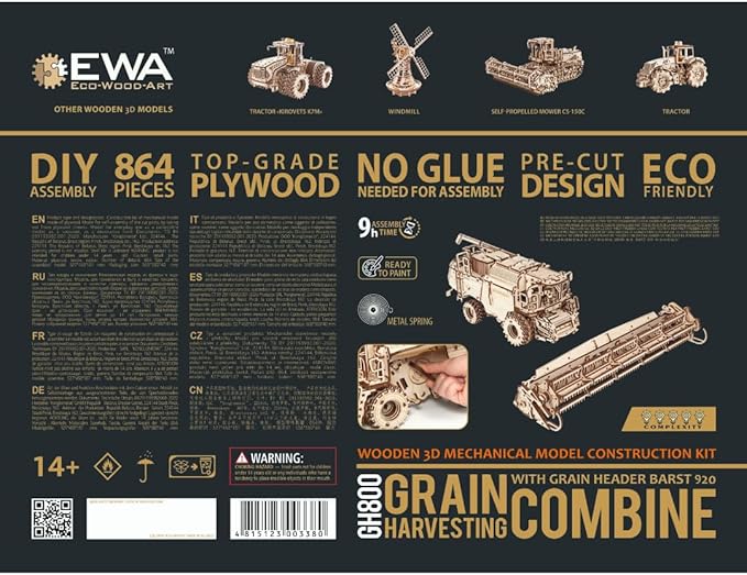 EWA Eco Wood Art Mechanical Model Grain Harvesting Combine GH800-864 pcs – Intricate Wooden Craft Kit - Sustainable DIY Assembly Kit for Adults and Teens