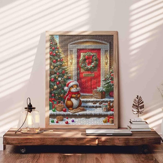 Christmas 1000 Piece Jigsaw Puzzles for Adults Squirrel Wearing Red Hat Painting Christmas Tree Jigsaw Puzzle 1000 Pieces Winter Scene Holiday Puzzles Family Fun Game DIY Craft Bedroom Decor Gift