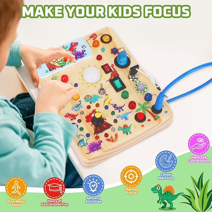 Toddler Busy Board,Montessori Toys for 1-3 Years Old,Baby Sensory Board,Wooden Learning Toys,Christmas & Birthday Gift for Boys & Girls (Dinosaur Busy Board v2)