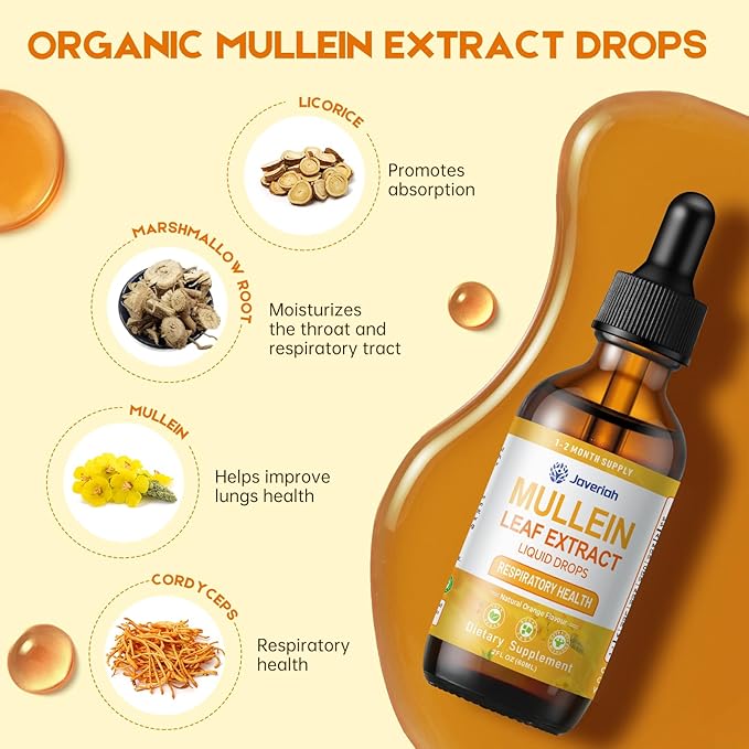 Mullein Drops for Lungs Cleanse - Cordyceps, Marshmallow Root & Licorice Root Extract, Respiratory Herbal Supplement with Mullein Leaf Extract for Immune Support & Bronchial Cleanse, 2 Fl Oz