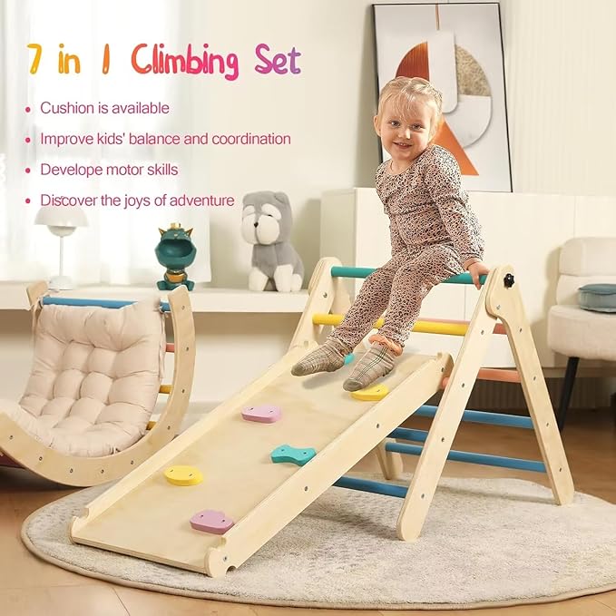 Pikler Triangle Set with Cushion, 7 in 1 Toddler Climbing Toys Indoor, Montessori Foldable Climbing Set, Wooden Climbing Toys for Toddlers 1-3 Inside with Ramp, Arch and Ladder (Rainbow)