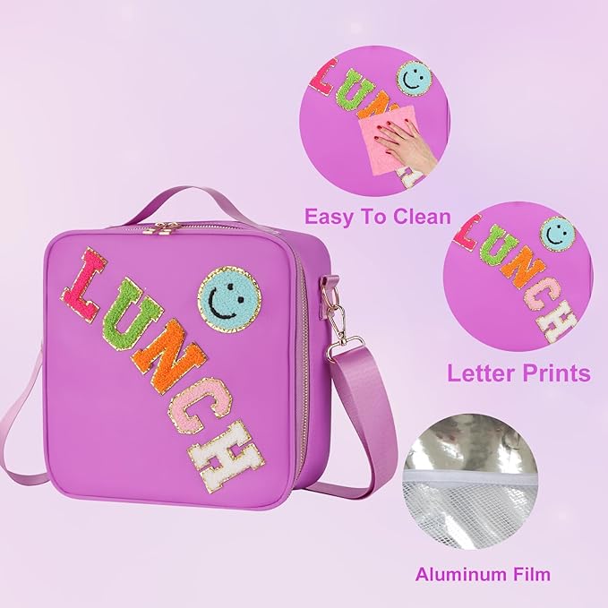 Insulated Girl Lunch Bag for Girls With Adjustable Strap, Nylon Preppy Lunch Box For Teens Kids Toddler Reusable Bag Back To School Picnic Gifts, Purple