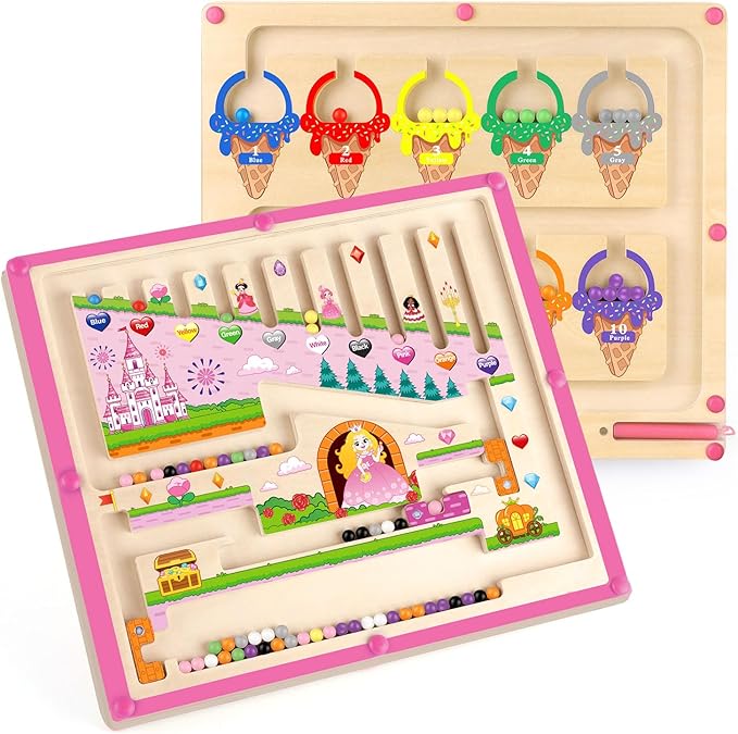 2 in 1 Magnetic Color and Number Maze,Montessori Toy for Toddler Girls,Wooden Magnet Balls Puzzles,Toddler Busy Board Game,Preschool Learning Activities (Princess & Ice Cream)