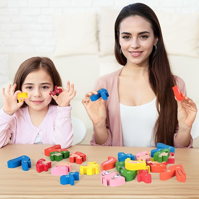 LovesTown Rabbit Wooden Puzzles, 26PCS Alphabet and Number Building Blocks Wood Jigsaw Puzzle for Kids Preschool, Medium