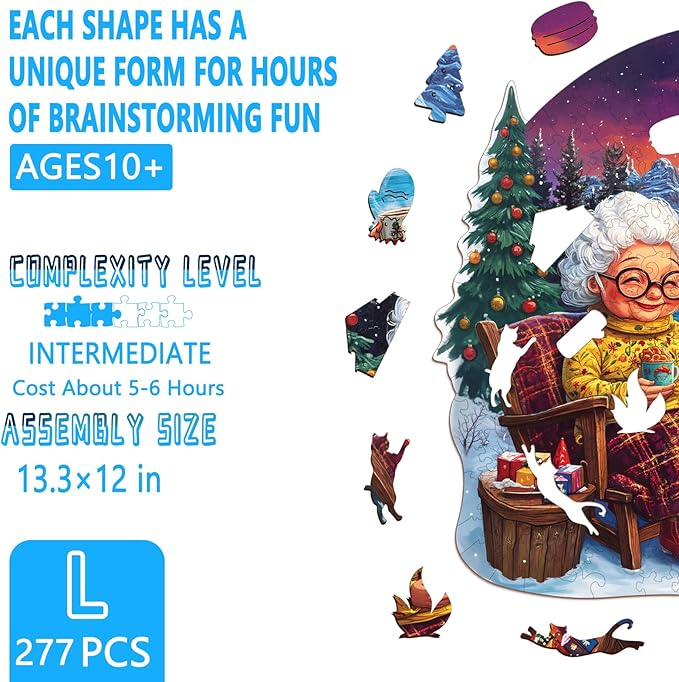 Wooden Puzzles for Adults, Warm Winter Wooden Jigsaw Puzzles for Grandma, Unique Shape Wood Puzzle Adult, Gifts for Granny, Wall Art Home Decor (L-13.3 * 12in -277 Pieces)