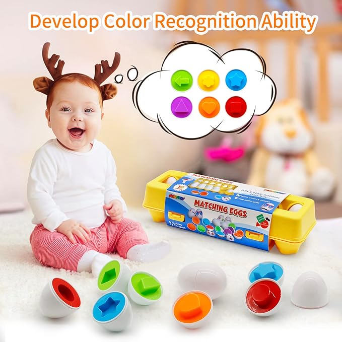 MOONTOY Matching Eggs for Toddlers, 12PCS Preschool Educational Learning Color & Shape Recognition STEM Toy– Montessori Geometric Eggs – Sorting Fine Motor Skills, Easter Gifts Basket Stuffers