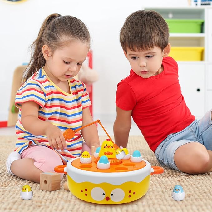 4 in 1 Toys for Ages 5-7, Bounce and Catch Chicken Games, Rotating Board Games for Kids 4-6, Fishing Game Magnetic,Toddler Toys Bowling, Family Games for Kids and Adults