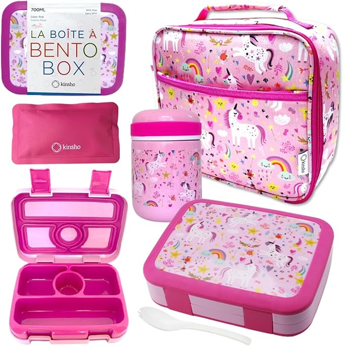 Bento Lunch Box for Kids with Thermo Food Jar for Hot Food Soup, Insulated Lunch Bag and Ice Cold Pack Set, Stainless Steel Lunch Thermal, Girls Container Boxes with 4 Compartments, Pink Unicorn