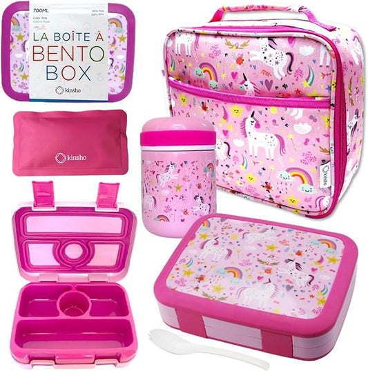 Bento Lunch Box for Kids with Thermo Food Jar for Hot Food Soup, Insulated Lunch Bag and Ice Cold Pack Set, Stainless Steel Lunch Thermal, Girls Container Boxes with 4 Compartments, Pink Unicorn