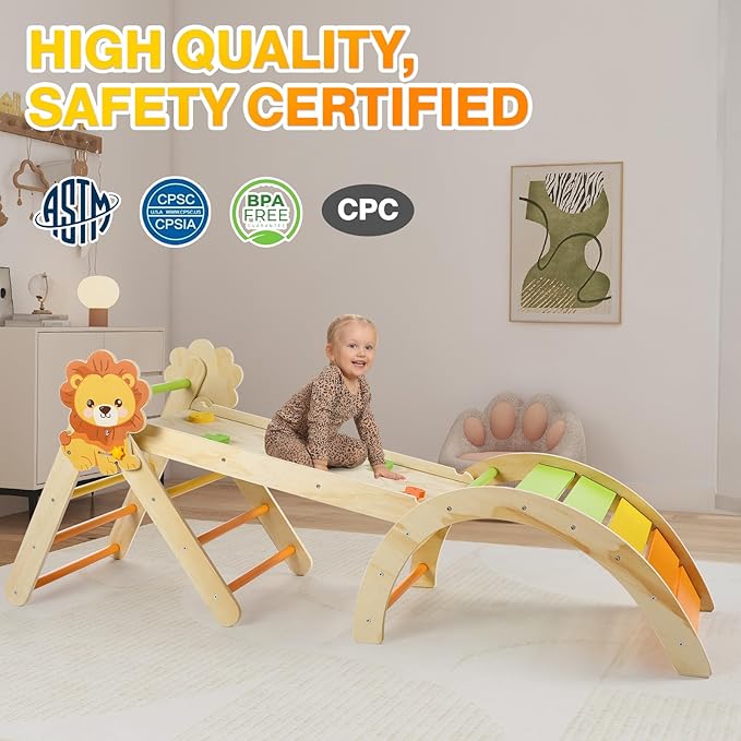 Pikler Triangle Set with Cushion, 7 in 1 Toddler Climbing Toys Indoor, Montessori Foldable Climbing Set, Wooden Climbing Toys for Toddlers 1-3 Inside with Ramp, Arch and Ladder (Lion)