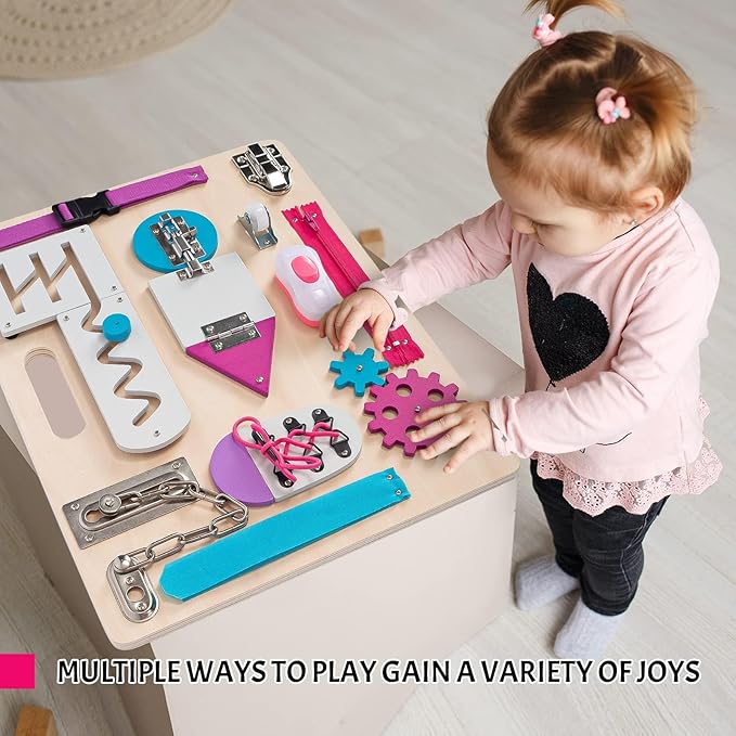 Montessori Busy Board for Toddlers, Wooden Sensory Toys, Kids 1-3 Travel Toy, Preschool Learning Activities for Fine Motor Skills, Basic Life Skills Educational Gifts for 1 2 3 Years Old Girls (Pink)