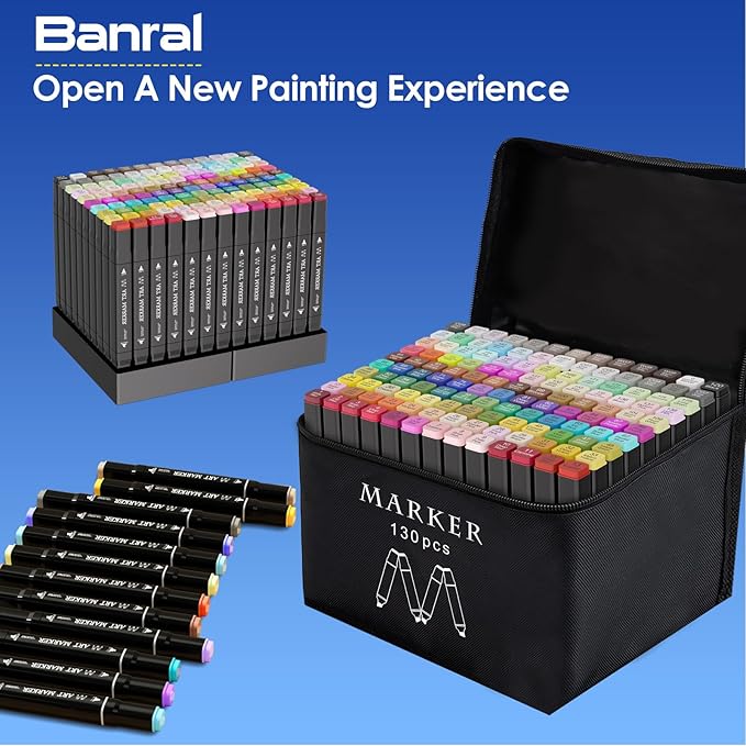 Banral 130 Colors Alcohol Markers Set, Dual Tip Alcohol Based Art Marker for Artists Kids Adult Coloring, Permanent Illustration Sketch Pens for Drawing