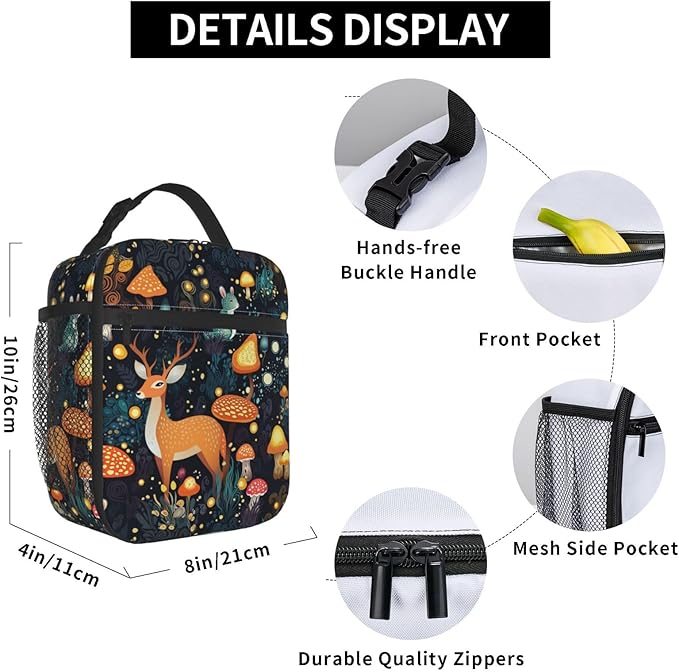 Fantasy Forest Mushrooms Grass Reusable Lunch Box Food Bag Insulated Lunch Bag for Teenage Boys Girls School Beach