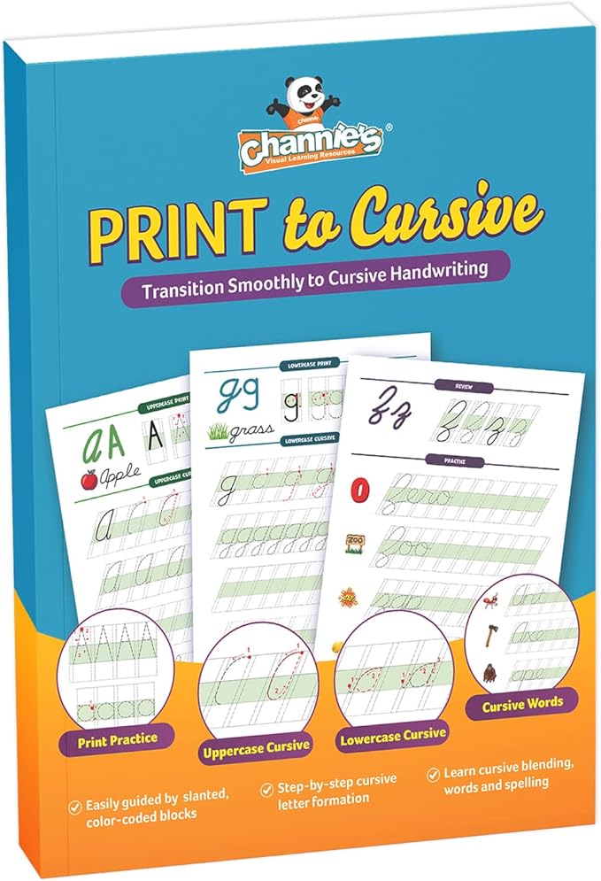 Channie's Print and Cursive Handwriting Workbook, Step-By-Step Uppercase & Lowercase Cursive Tracing Practice for Kids All Ages, Color-Coded, Easy to Follow Worksheets