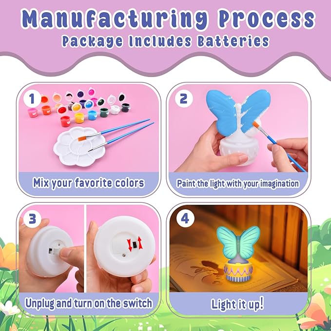 ASIOWELY Paint Your Own Butterfly Lamp Kits,Arts and Crafts Supplies for Kids Toys Ages 4-6-8-12,DIY Art Night Light Painting for Girls Ages 5-10,Birthday Gifts for 3-12+ Year Old Toddler Teens Adults