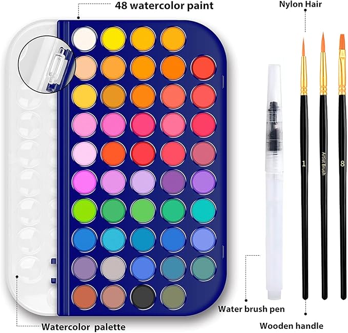 Watercolor Paint Set, 48 Colors Non toxic Watercolor Paint with a Brush Refillable a Water Brush Pen and Palette, Washable Water Color Paints Sets for Kids