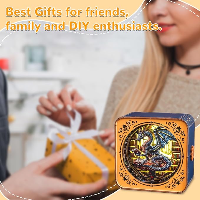 3D Wooden Puzzle Night Light, Library Dragon DIY Puzzles for Adults, Eye Care Night Light with Touchable Switch, Personalized Gifts for Family Friend DIY Puzzle Lover