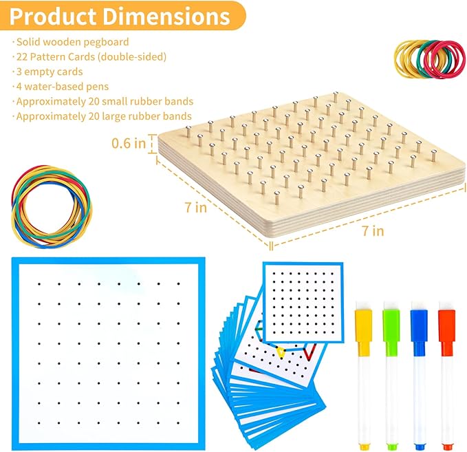 HEELWIRE Wooden Geoboard,Montessori Toy,Graphical Mathematical Education Toy for Kids with Pattern Cards and Rubber Bands to Figures and Shapes, Brain Teaser STEM Toy Geo Board., Plus 7*7*0.6in