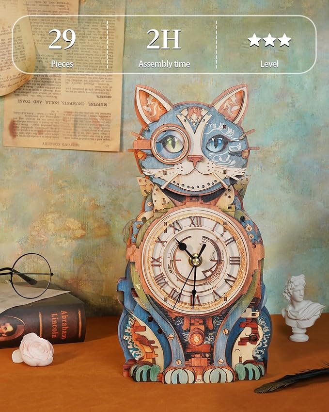 3D Wooden Puzzles for Adults, Detective Cat Clock with Pendulum Model Kit, 3D Puzzles for Adults Room Home Decor DIY Wall Clock Kit, Holiday Birthday for Men Women Teens