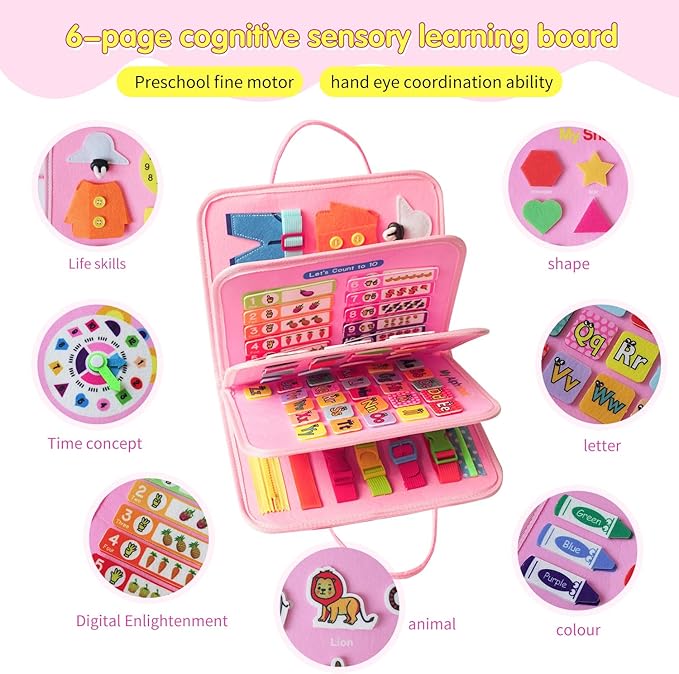 Busy Board-Montessori Toys for Toddlers,Sensory Toys for Girls,Learning Education Travel Toys for Toddlers,Activity Board Busy Book for Kids Birthday Gift (Pink)