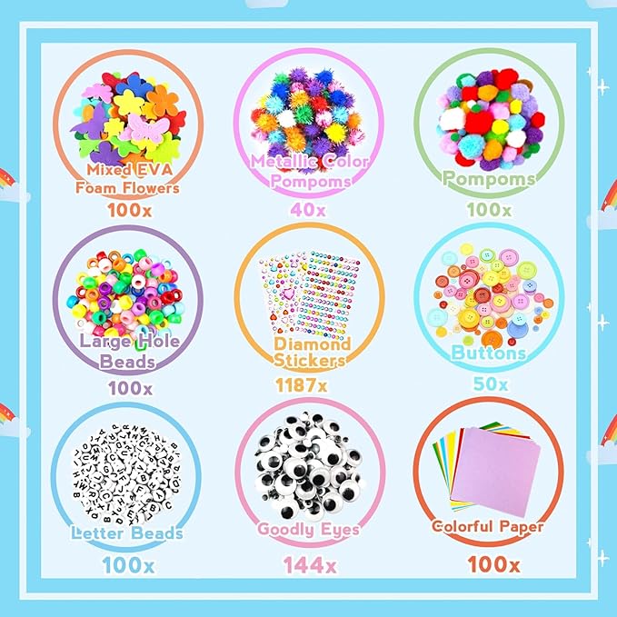 Arts and Crafts Supplies for Kids - 3000Pcs Craft Kit with Pipe Cleaners Crafts for Kids All in Art Crafting Box DIY School Supplies Materials Set Toys Gifts for Girls Boys Age 4 5 6 7 8 9 10 11 & 12