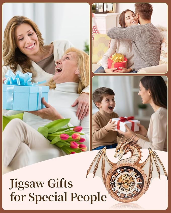 Rnfinewow 3D Wooden Puzzles for Adults, 3D Puzzles Dragon Clock Kit (with Pendulum), Beginners Wooden Puzzle for Adults Teens Home Wall Decor Clock Gifts for Men Women