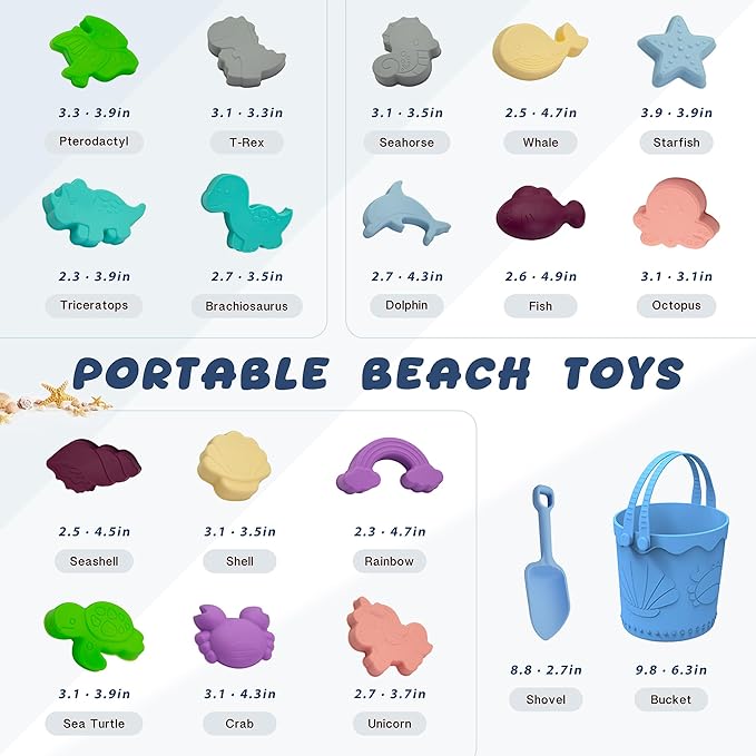 Baby Beach Toys, Sand Castle Building Kit with Silicone Bucket, Shovel & 16 Sand Molds - Travel Friendly Summer Sand Toys for Toddlers, Boys & Girls - Mesh Storage Bag, 18pcs Beach Vacation Essentials