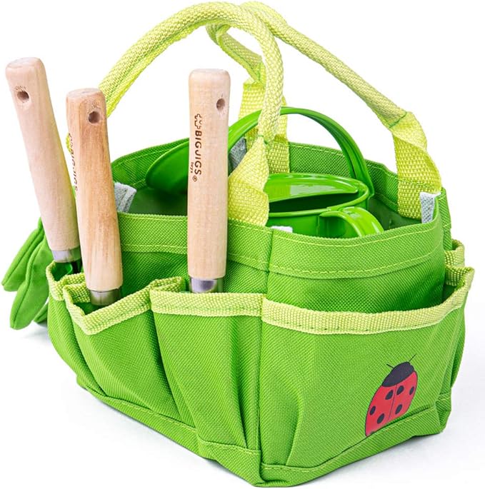 Bigjigs Toys Small 5 Piece Childrens Gardening Set with Bag, Garden Tools, Watering Can & Gardening Gloves - Fun Gardening for Kids, Quality Outdoor Toys