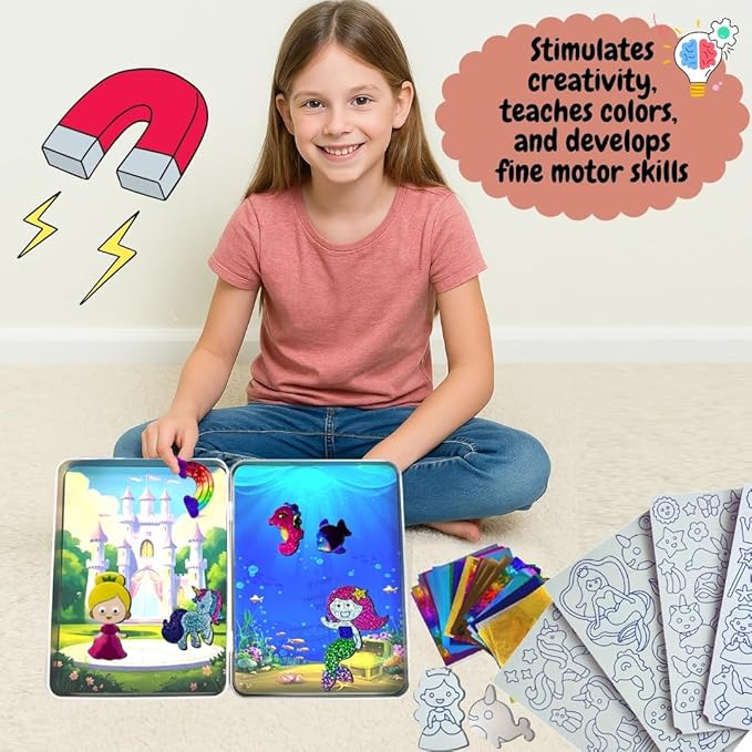 Foil Fun Art Kit for Kids - Reusable Princesses & Unicorns Foil Art for Girls & Boys, DIY Mess-Free Girls Craft Kit w/Magnets, Ideal Travel Toy & in Car Activities for Kids Ages 4 5 6 7 8 9 10 11 12