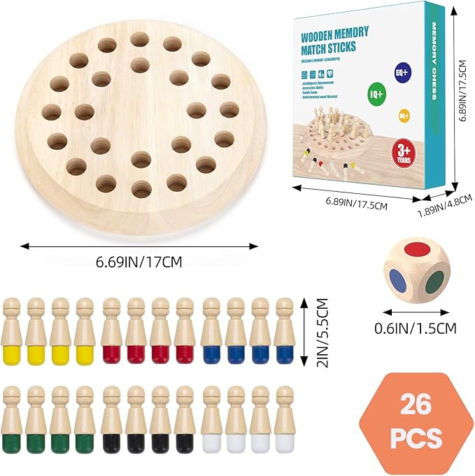 Wooden Memory Chess Matching Game: Family Board Games for Kids and Adults, Montessori Preschool Learning Educational Toy, Birthday Gift for Age 3 4 5 6 7 8+ Boy Girl