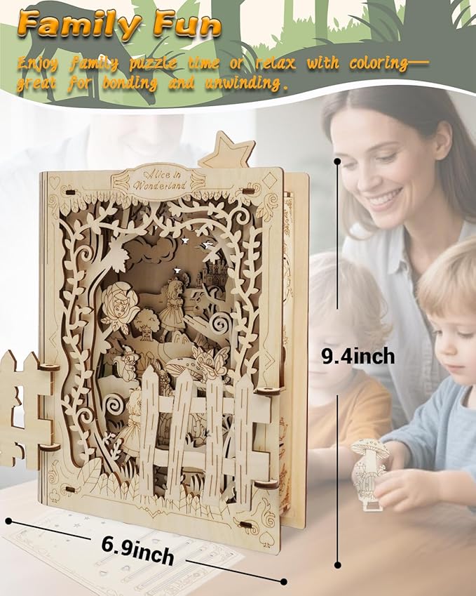 3D Wooden Puzzles for Kids - Alice in Wonderland Book Nook Kits with Night Light Feature