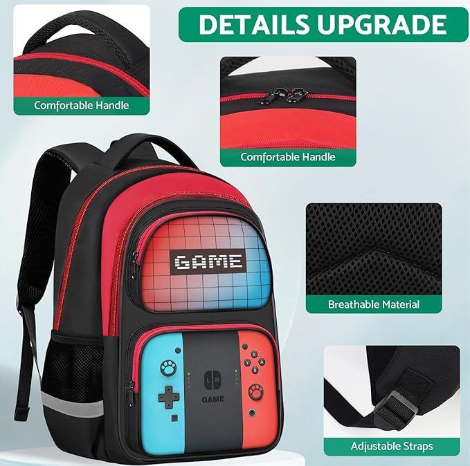 Kids Backpack For Boys,Gamer Boys Backpack For Children Teens Elementary Middle School, 17″ Students Bookbag