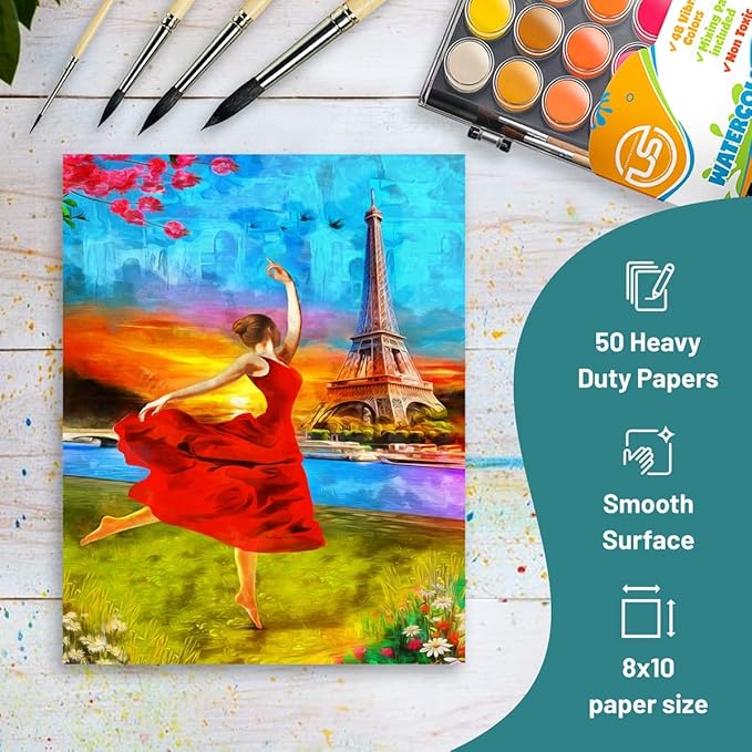 Watercolor Paint Set- Premium 48 Watercolor Paint with Watercolour Book, Water Color Palette and 3 Paintbrushes. Great Water Colors for Adults and Kids