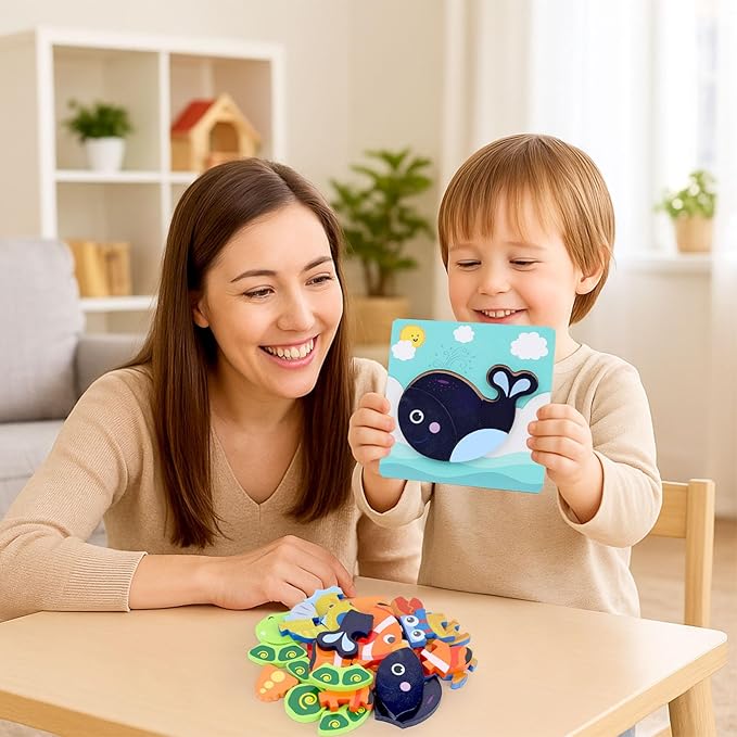 LovesTown Wooden Toddler Puzzles Montessori Sea Animal Jigsaw Puzzle, Educational Preschool Learning Toys for Boys and Girls, Pack of 6