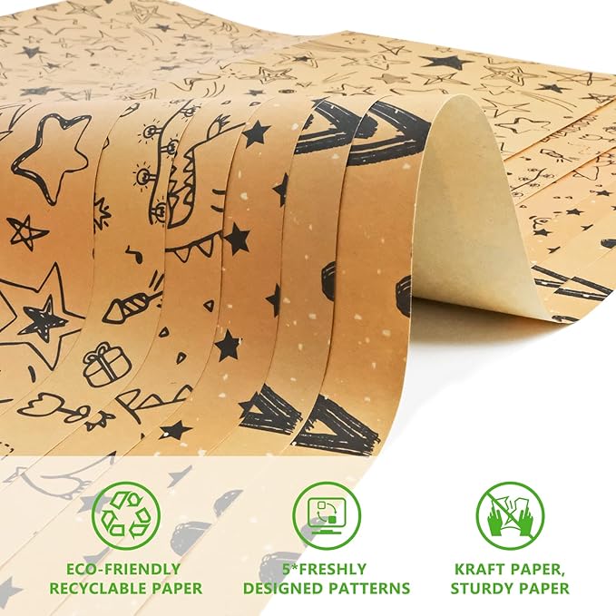 BWLOIES Wrapping Paper Set,Eco Gift Wrapping Paper Folded Sheets,Birthday Gift Wrap Kit,Eco Birthday Paper Recycled Kraft Gift Wrapper paper for Girls Kids Man Boys Women,Tags string
