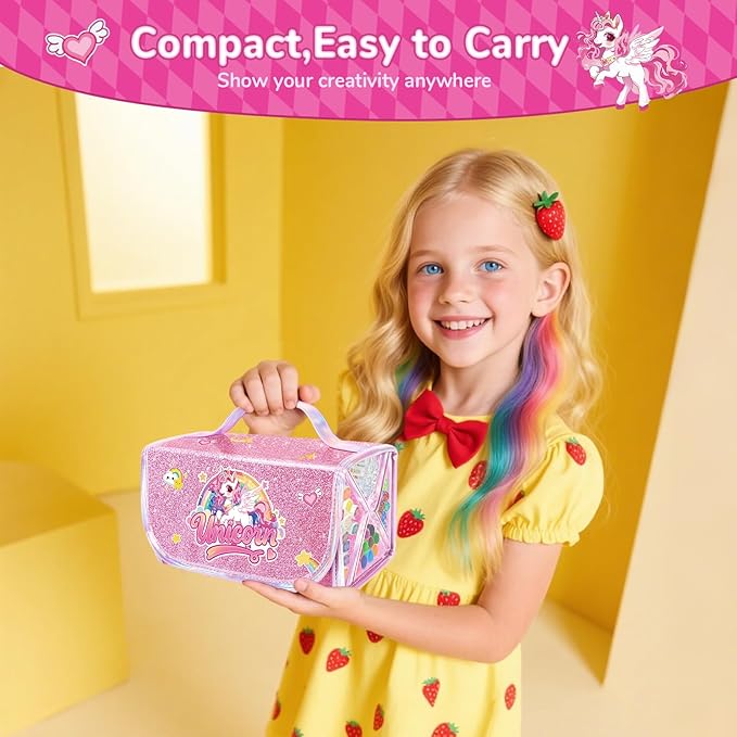 70PCS Unicorn Washable Markers Set with Glitter Pencil Case,Art Supplies for Kids Ages 4-6-8,Drawing Coloring Art Craft Kits for Girls with Marker,Glitter Pens,Crayon,Birthday Gifts Toys for Girls