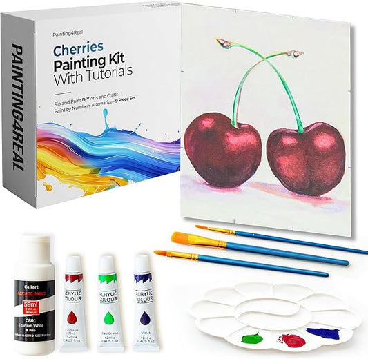 Painting4Real DIY Painting Class Kit for Adults with Video Tutorials: Learn to Paint Cherries – How to Paint with Acrylics – Painting & Art Supplies – 9 Piece Acrylic Paint Set
